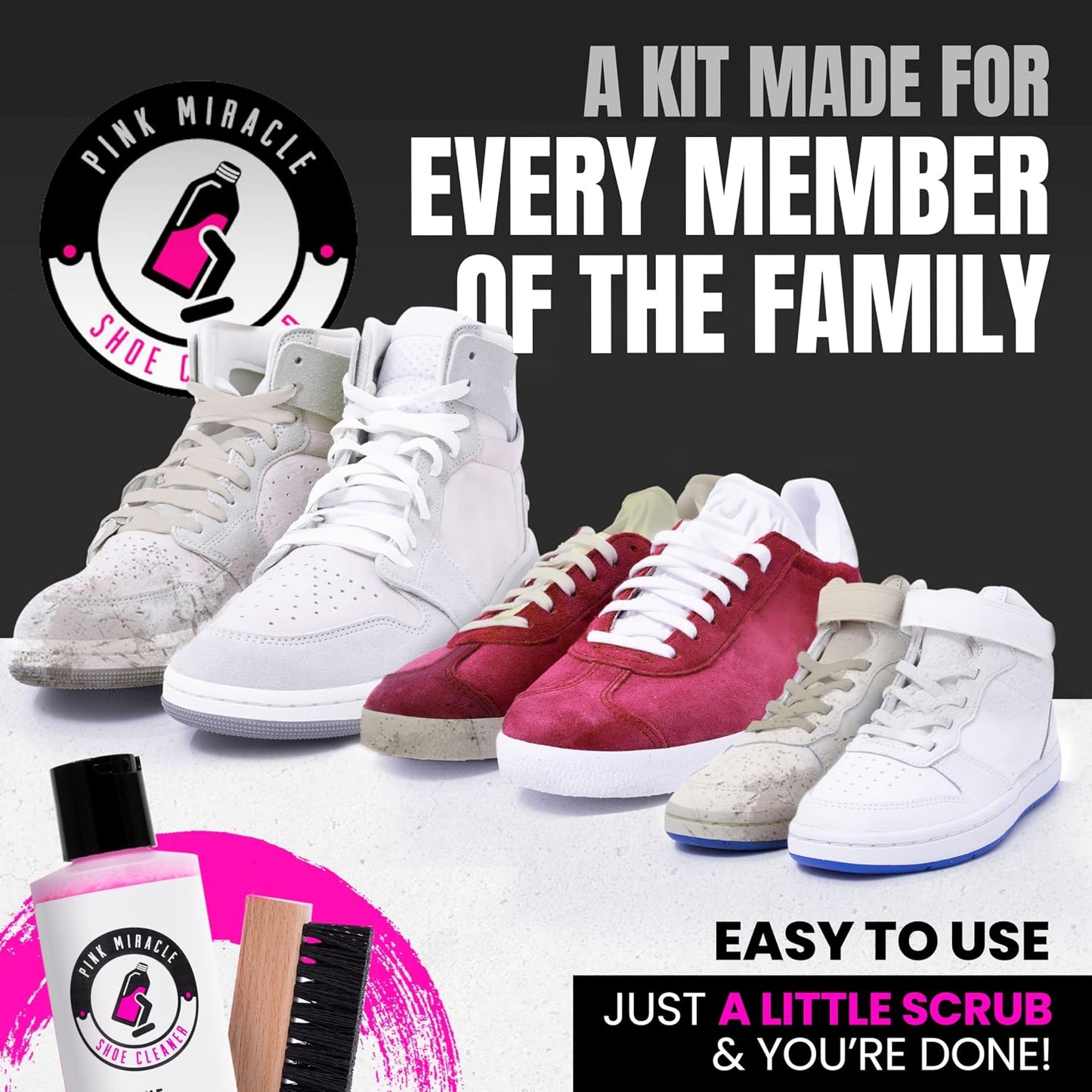 Miracle Shoe Cleaner Kit - Pink Fabric & Leather Cleaner with Brush for Sneakers | Suede, Nubuck, Whites