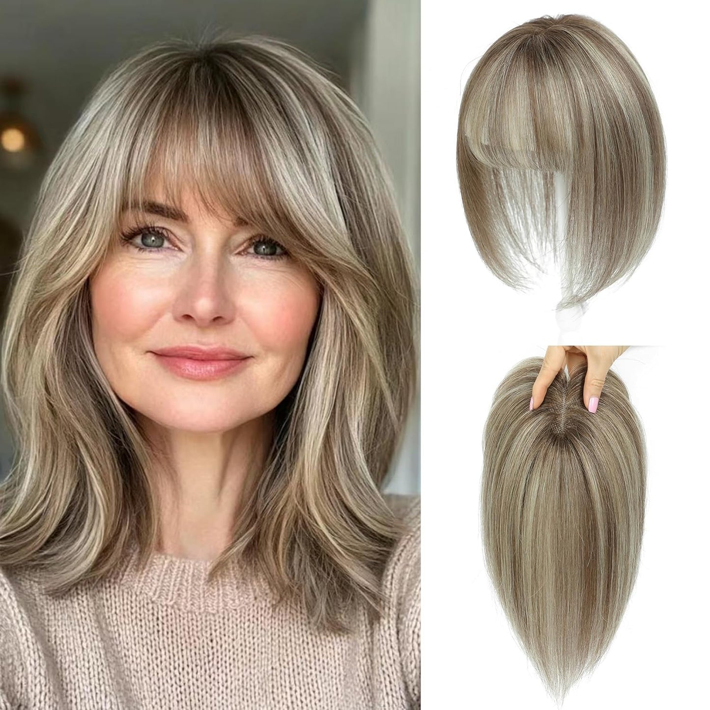 Human Hair Toppers for Women - Real Hair Pieces with Bangs | 360° Coverage, 10-Inch, 30g