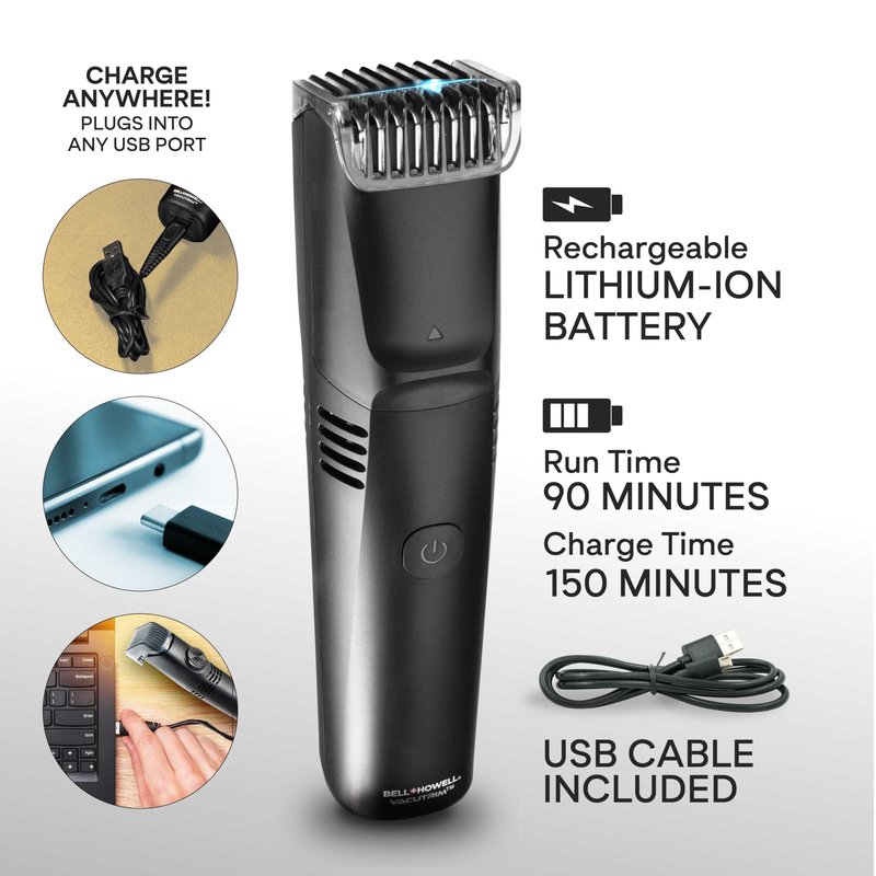Vacutrim Cordless Body Shaver for Men, Rechargeable Grooming Tool with 20 Trim Settings, Integrated Vacuum System - Black, 7.5", As Seen On TV