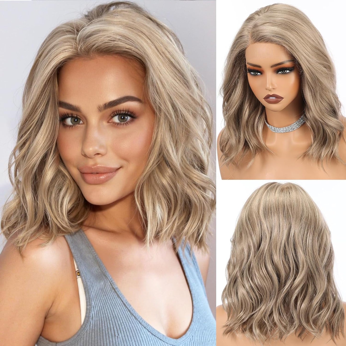 HD Lace Front Wig - 16-Inch Heat Resistant Synthetic Wavy Hair for Women | Shoulder Length Glueless Wig in Gray