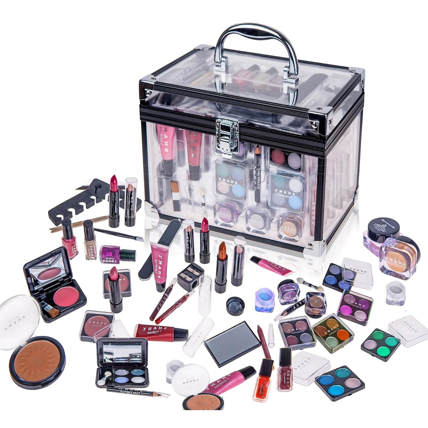 SHANY Makeup Train Case - Reusable Aluminum Organizer with Eye Palettes, Blushes & Brushes | Gift Set