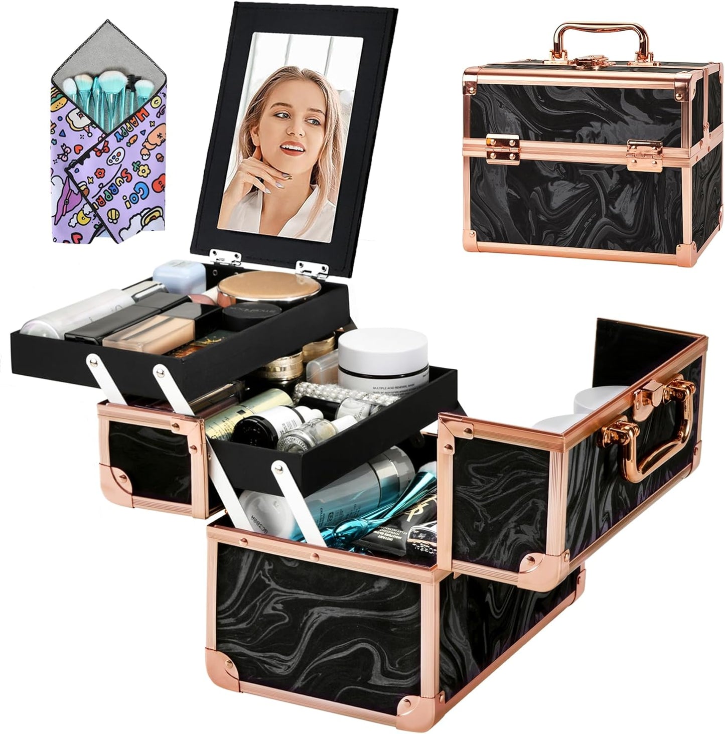Portable Makeup Train Case - 2-Tray Cosmetic Organizer with Mirror | Travel Makeup Box in Rose Gold & Black