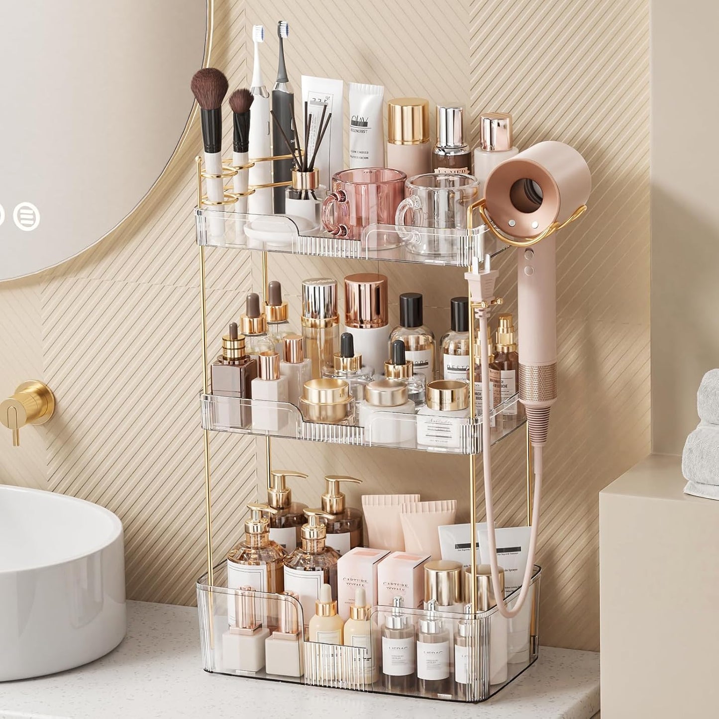Bathroom Counter Organizer - Large Capacity Makeup & Skincare Storage Rack | 3-Tier Clear Vanity Holder