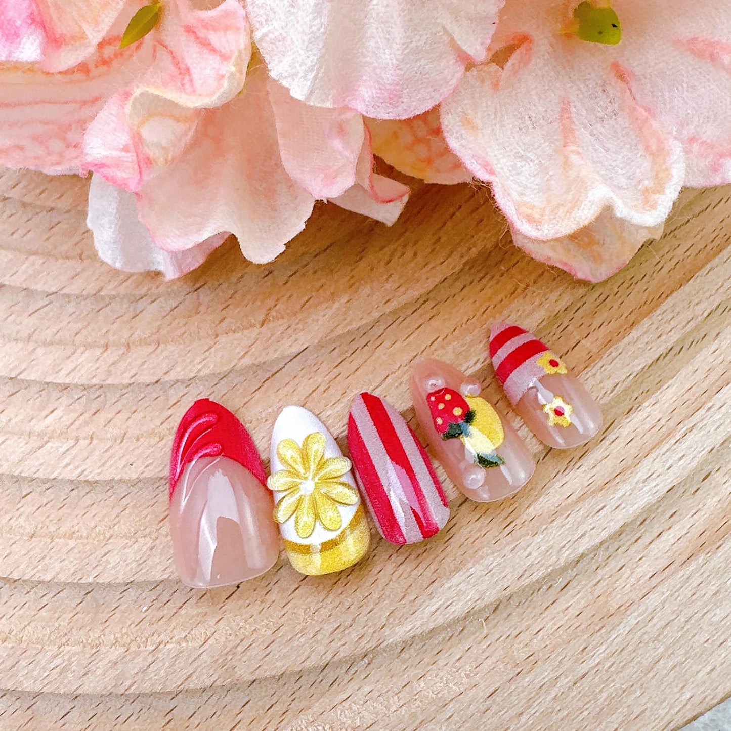 Summer Press-On Nails - 30Pcs Short Almond Floral & Fruit Designs | 3D Lemon & Strawberry Acrylic Full Cover