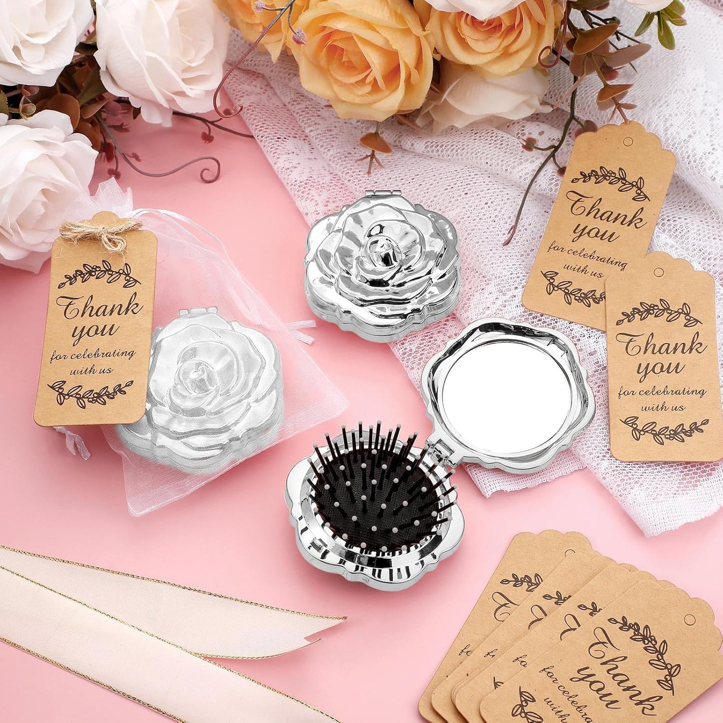 Rose Compact Mirrors - 24 Sets Travel Mirror Favors for Quinceanera, Sweet 16 & Bridal Shower | Silver