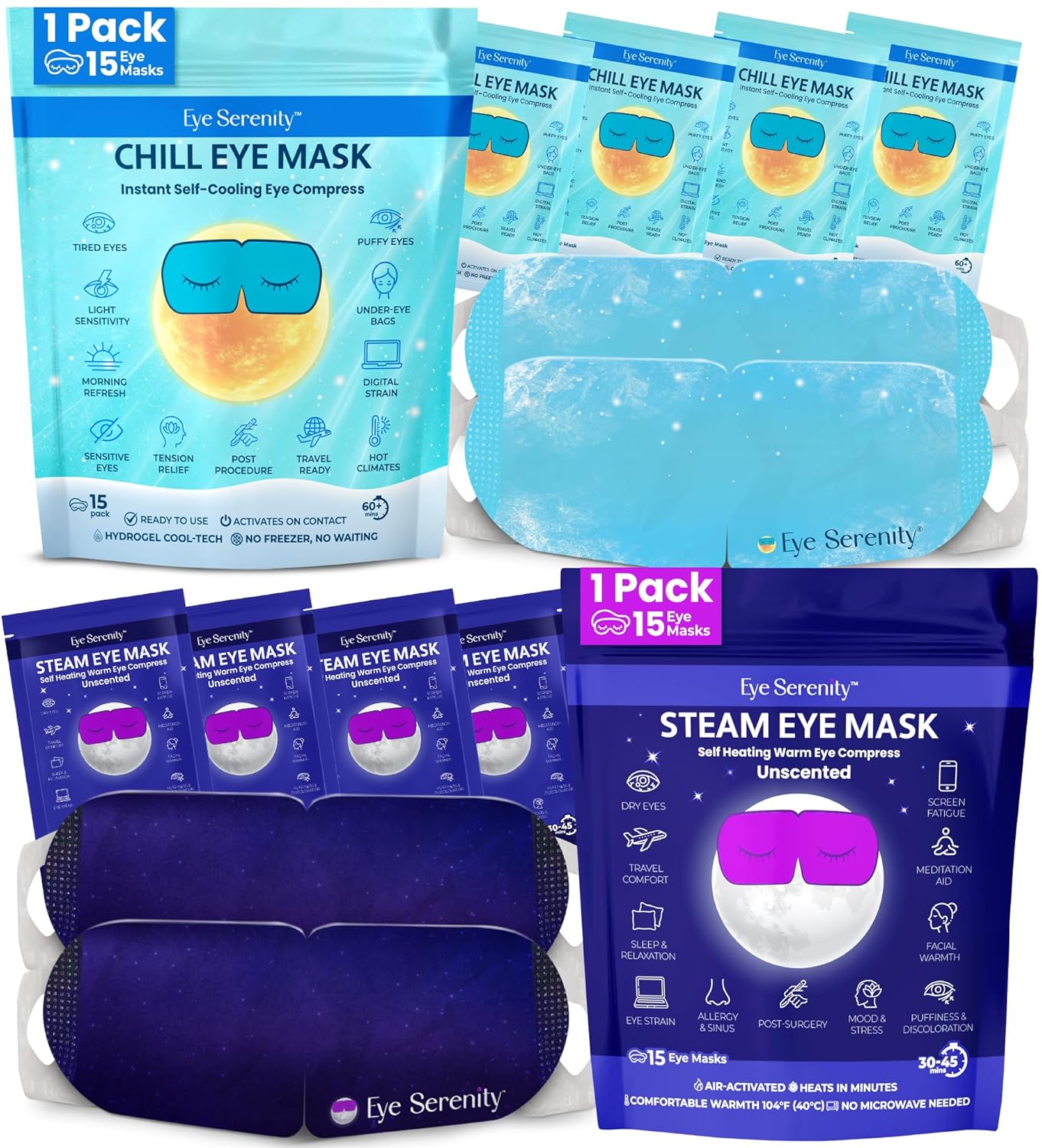 Heated Eye Mask - Eye Serenity Steam Mask for Dry Eyes | Moist Heat Relief for Styes & Puffiness - Lavender