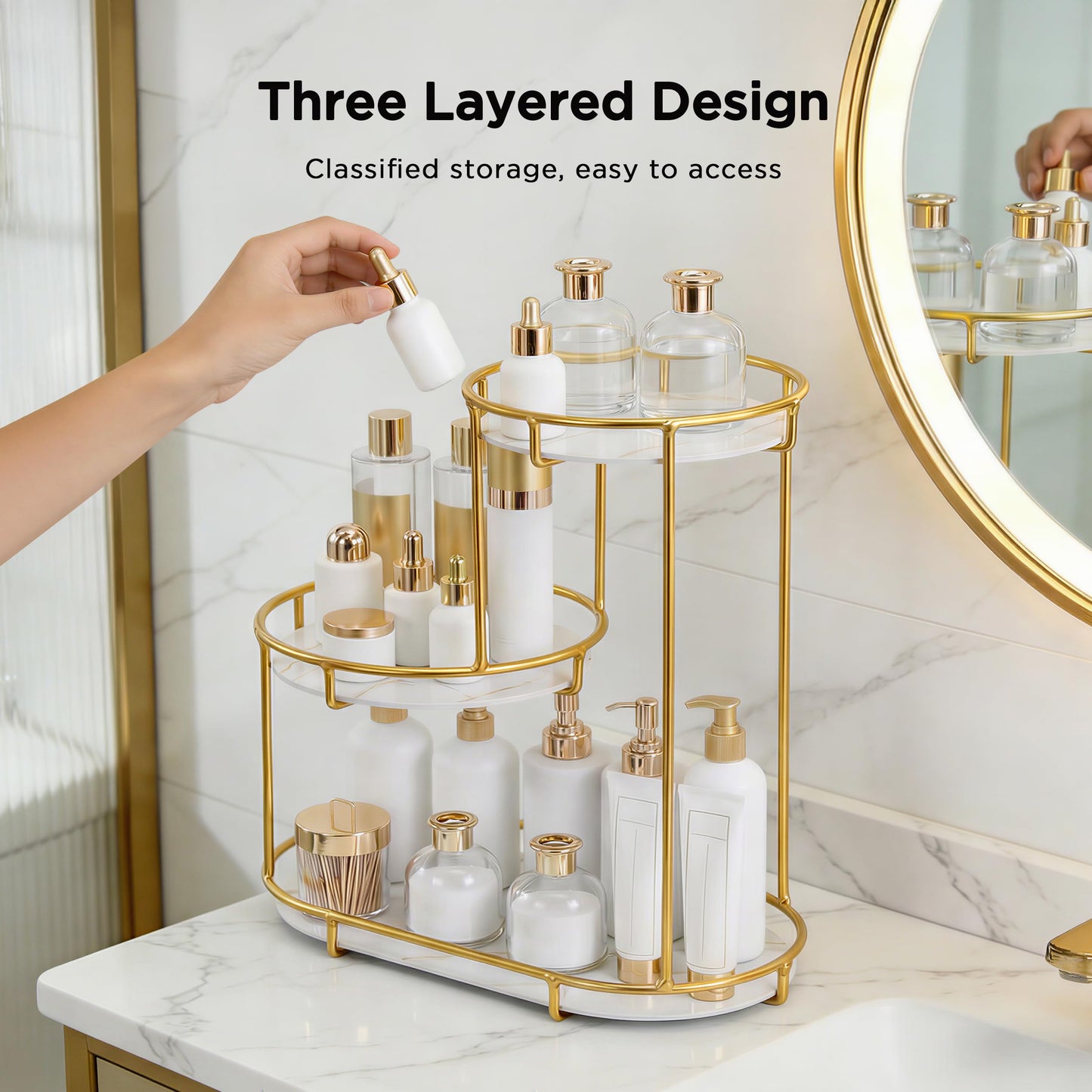 HBlife Makeup Organizer for Vanity, 3 Tier Metal Bathroom Countertop Organizers Skin Care Storage, Bathroom Counter Shelf Skincare Holder Perfume Cosmetic Display, Gold