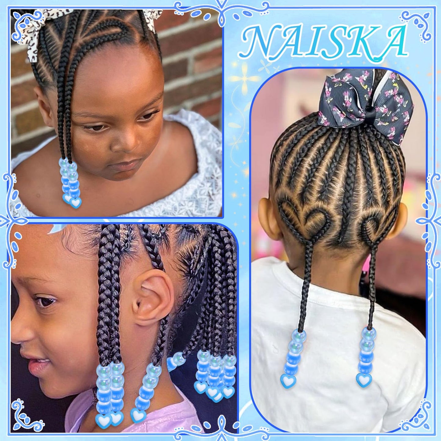 NAISKA 60Pcs Blue Hair Beads Heart Dreadlock Jewelry Bead Round Clear Braids Beads Hair Decoration Cute Hair Accessories