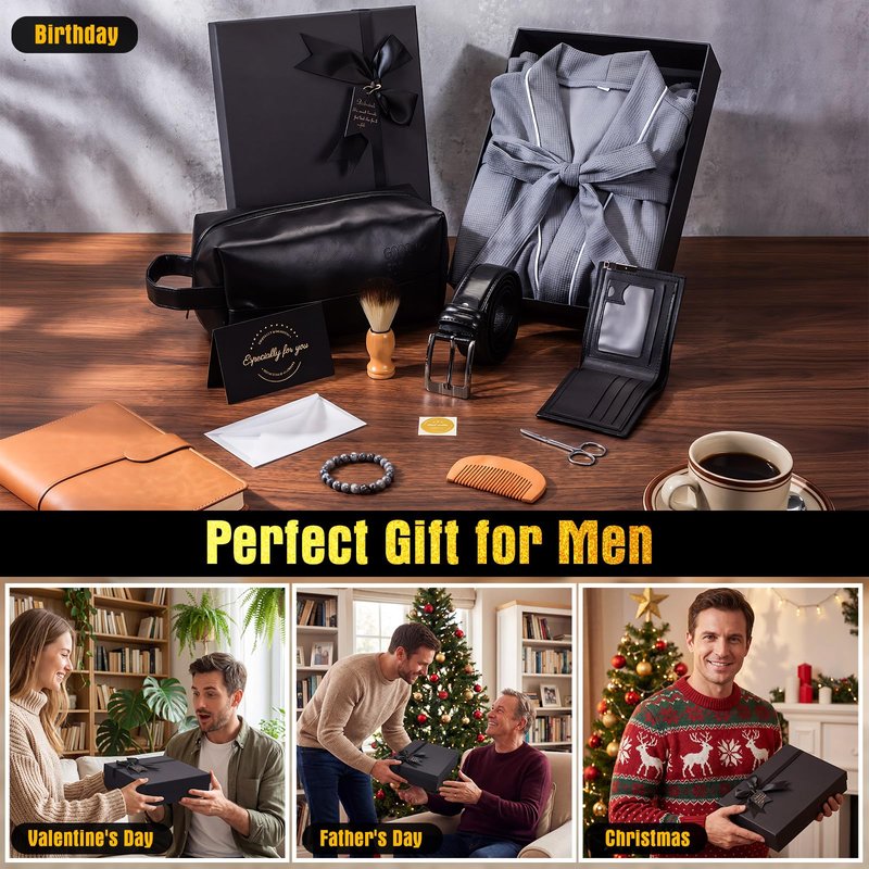 Shyyween 10 Pcs Birthday Gifts Baskets for Men Father Gift Get Well Soon Gifts Beard Care Set Graduation Gift for Him with Bathrobe, Wallet, Beard Comb & Brush Set for Dad Boyfriend Husband(Gray)