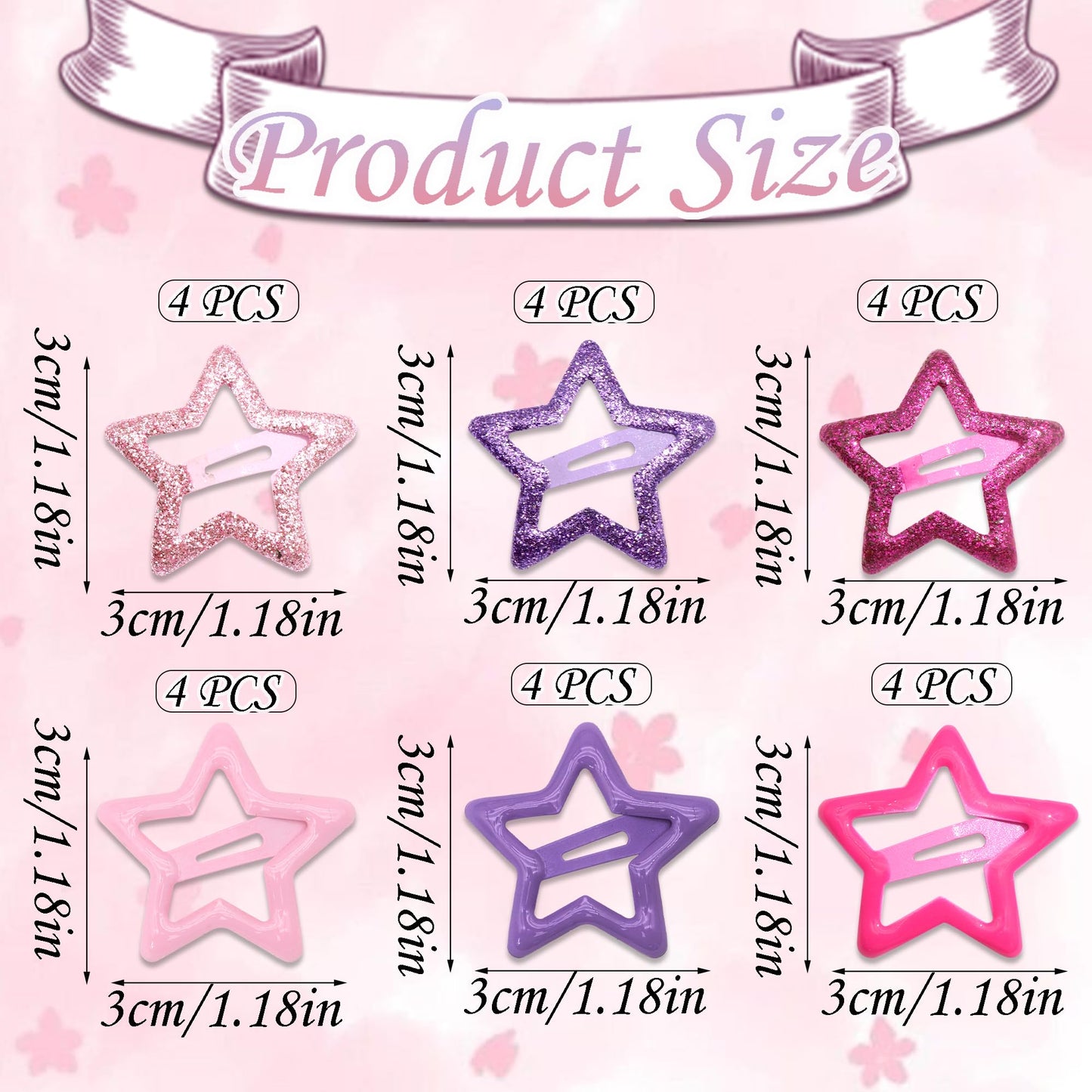 NAISKA 24PCS Purple Pink Star Hair Clips Kawaii Glitter Hair Barrettes 6 Styles Sequins Non Snap Clips for Girls Metal Hair Pins Y2K Accessories for Women