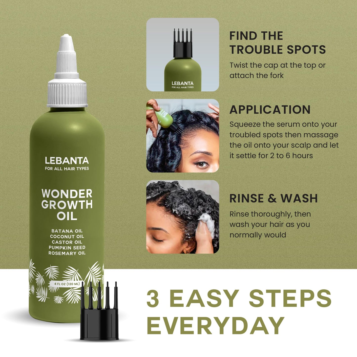 Lebanta Batana Oil For Hair - 100% Pure, Raw & Natural Blend With Organic Castor, Pumpkin Seed, Coconut and Rosemary Oil - Thicker, Stronger Looking Hair For Men & Women Scalp - 4 FL OZ (3 Pack)