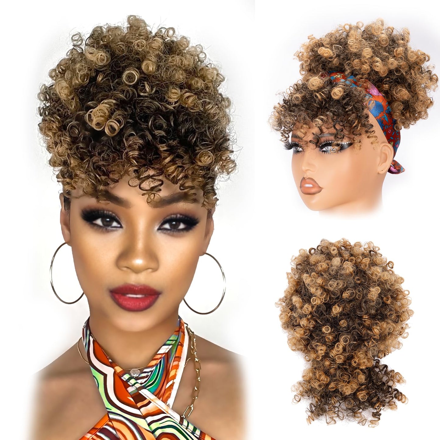 Drawstring Ponytail for Black Women - Afro Puff Kinky Curly Hair Extension with Bangs | Grey Updo