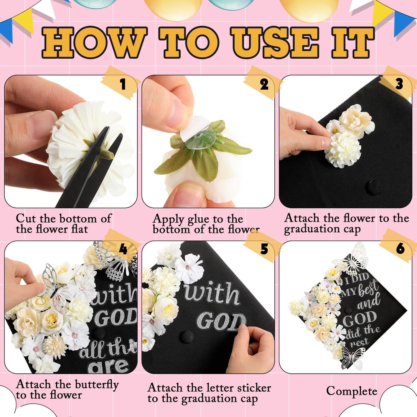 Feifeiya 36 Pcs DIY 2026 Graduation Cap Decorations Accessory Kit Include Faux Flower Heads Graduation Quotes Glitter Stickers 3D Butterfly for Grad Cap Topper DIY Gift(Silver,Inspirational)
