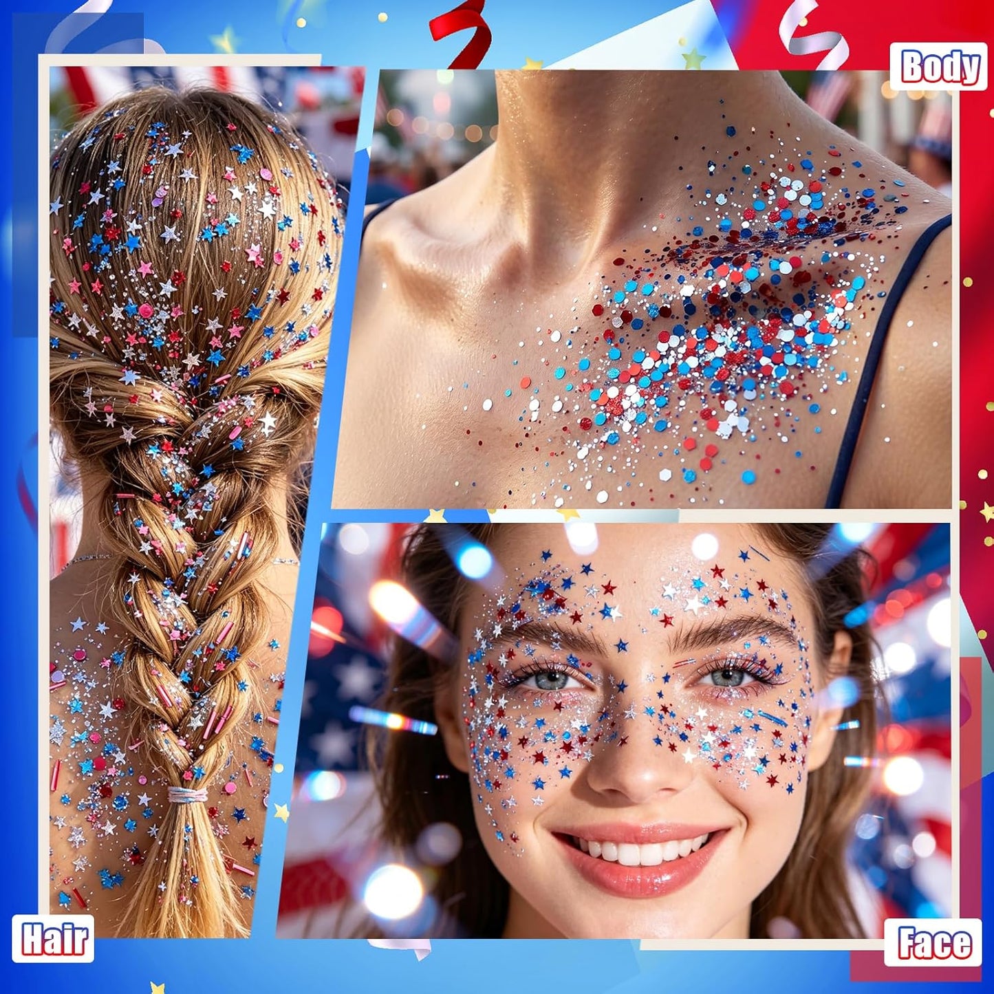 Patriotic Hair & Body Glitter Stick - Shimmer Red, White & Blue Glitter for 4th of July Makeup | Festival & Concert Accessories