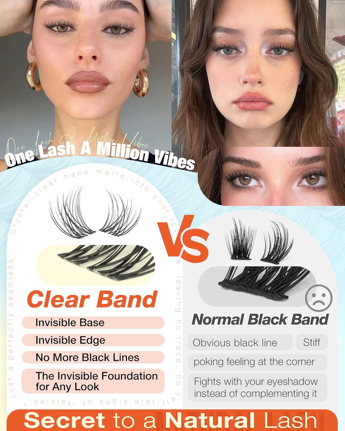Natural Lash Clusters - Wispy Eyelash Extensions with Clear Band | C Curl, 10-16mm Individual Lashes