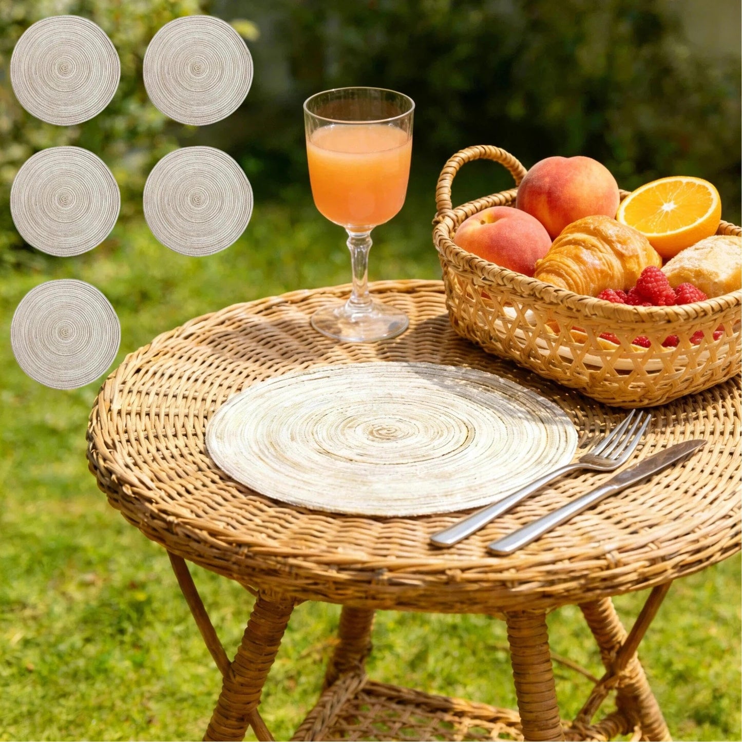 Round Placemats Set of 5, Washable Woven Table Mats for Dining Room Decor, Heat Resistant Braided Place Mats for Kitchen Table, Party and Holiday Centerpiece, 7 Inch(White)