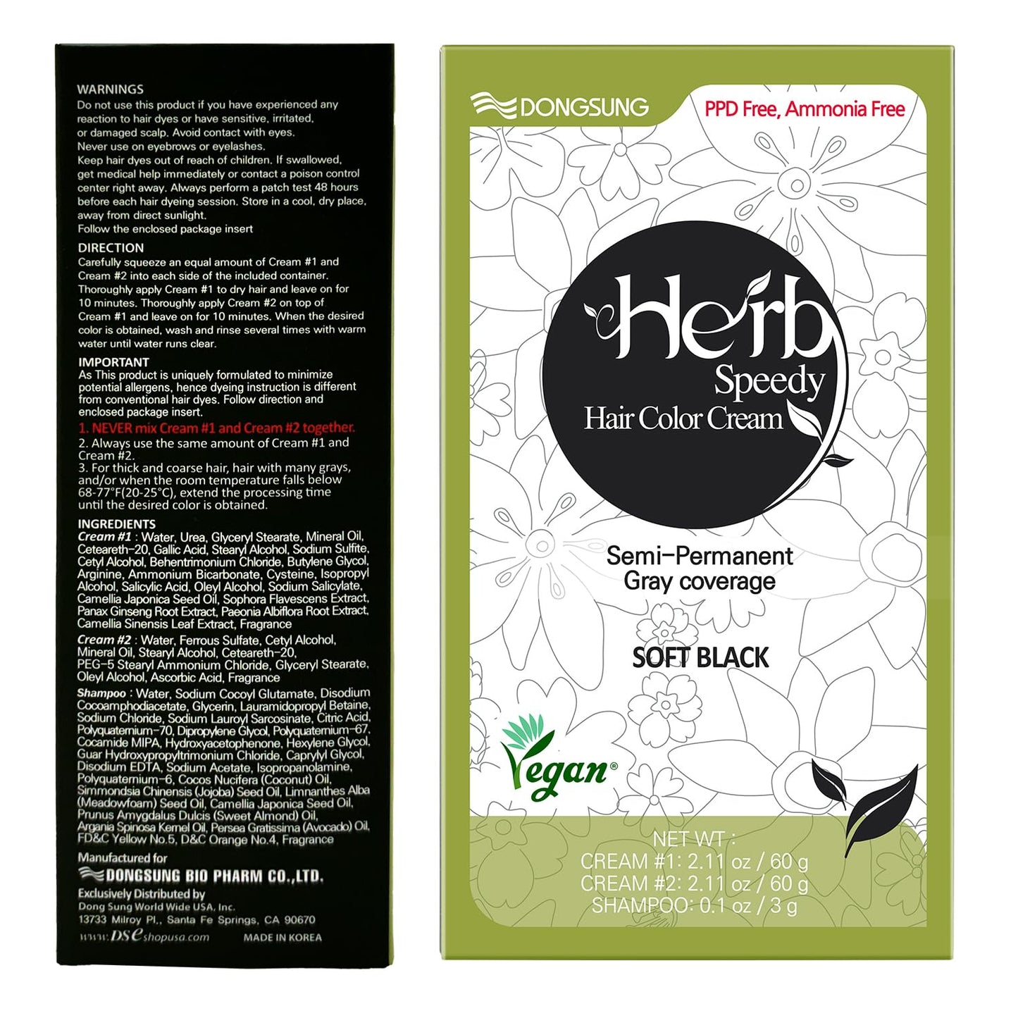 Korean Herbal Vegan Hair Dye | Dongsung Herb Speedy Color Cream - Soft Black, PPD-Free & Ammonia-Free, 20-Minute Application