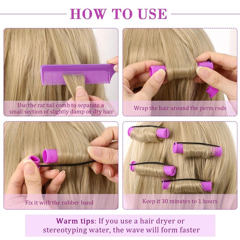 24 Pcs Hair Perm Rods - Plastic Cold Wave Curlers with Steel Pintail Comb | Purple, 0.75 Inches