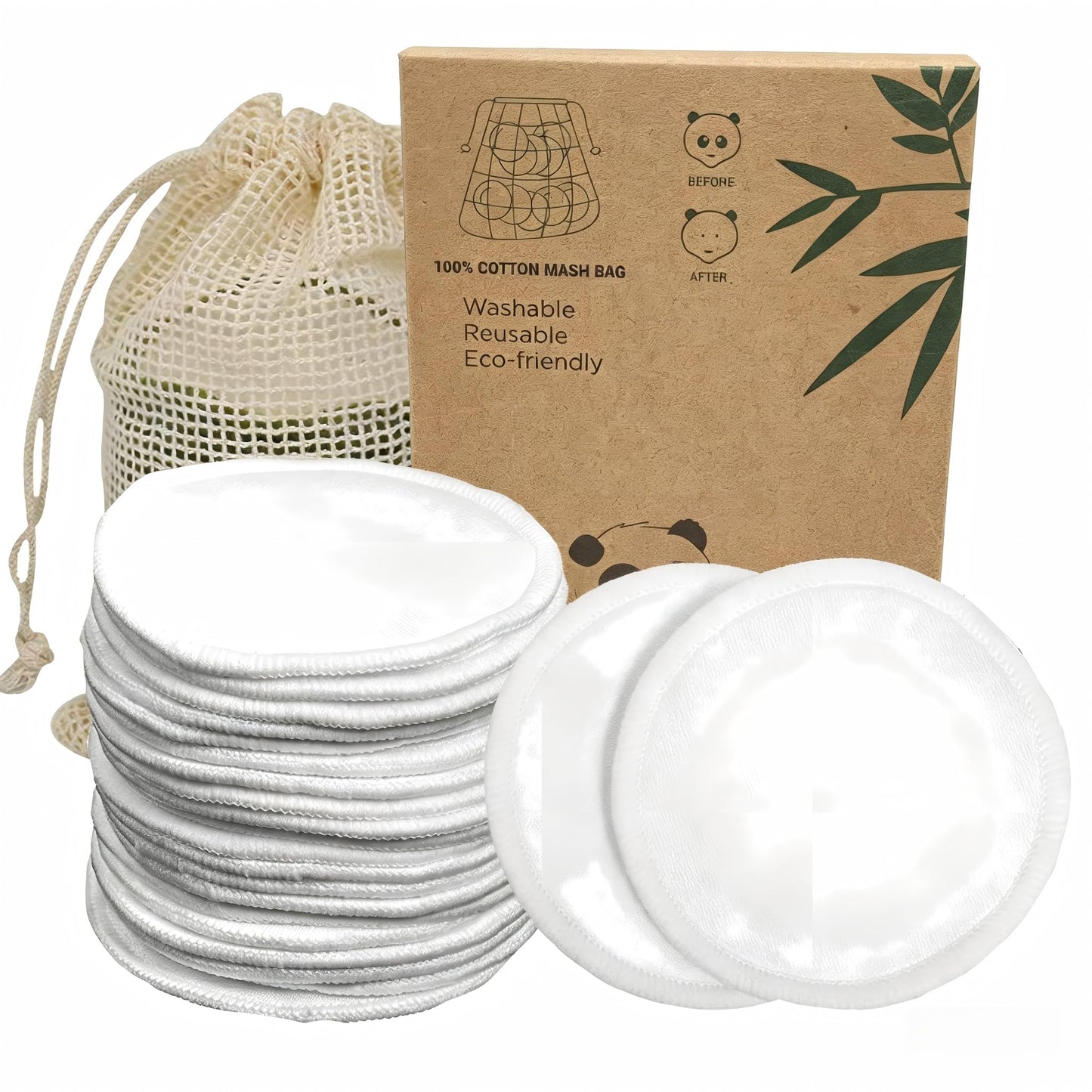 20 Packs Organic Reusable Makeup Remover Pads, Washable Bamboo Cotton Rounds for All Skin Types with Cotton Laundry Bag (20)