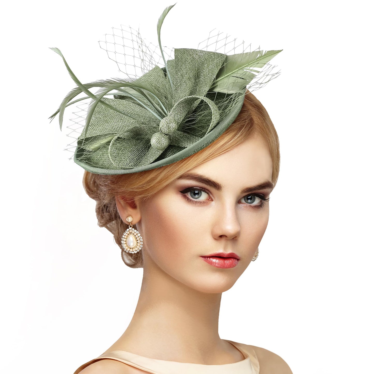 Zinniday Green Tea Party Hat - 1920s 50s Kentucky Hats Girl Victoria Feather Derby Fascinators with Veil Church Halloween Renaissance Masquerade Dress Up for Women, 7.87x5.9inch