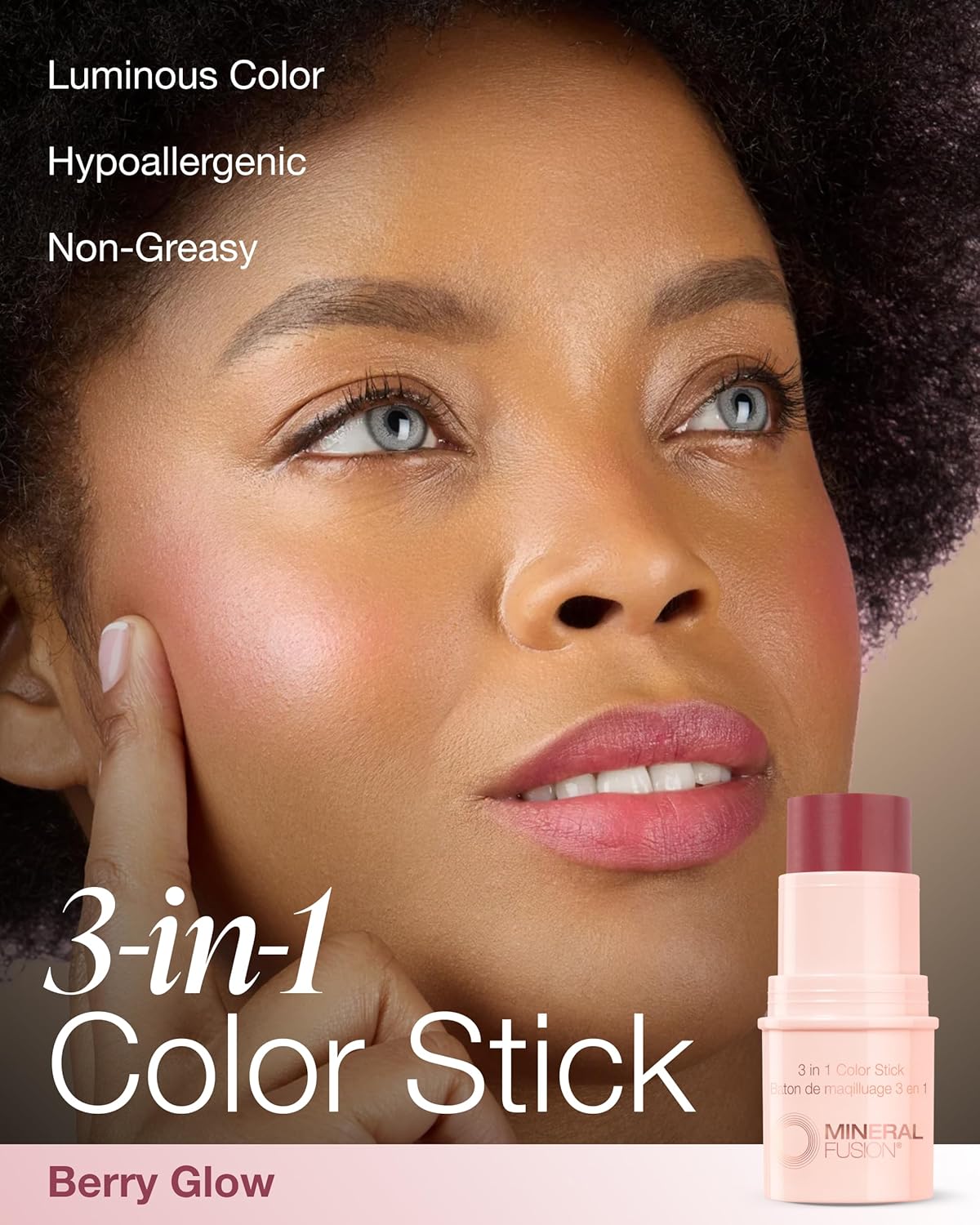Mineral Fusion 3-in-1 Color Stick | Hydrating Tinted Cream Blush for Cheeks, Lips, and Eyes - Berry Glow