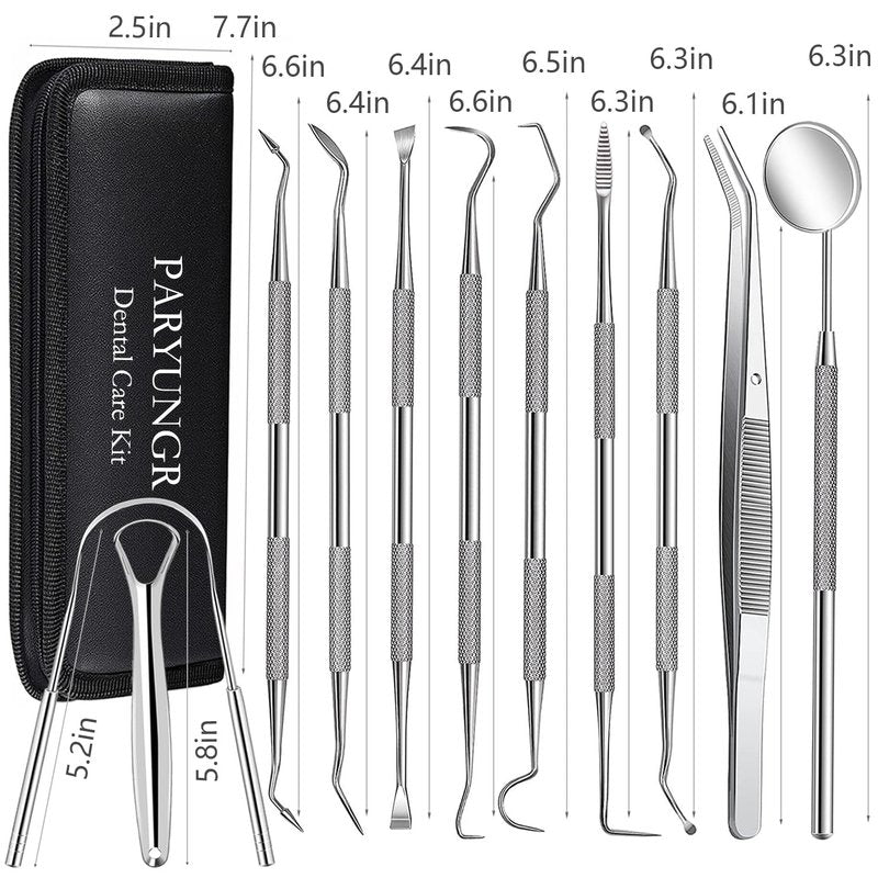 11 Pack Dental Tools PARYUNGR Teeth Cleaning Tool Kit, Stainless Steel Tongue Scraper Tartar Plaque Remover Tooth Cleaner Dental Floss Picks Mouth Mirror, Professional Oral Care Hygiene Set with Case