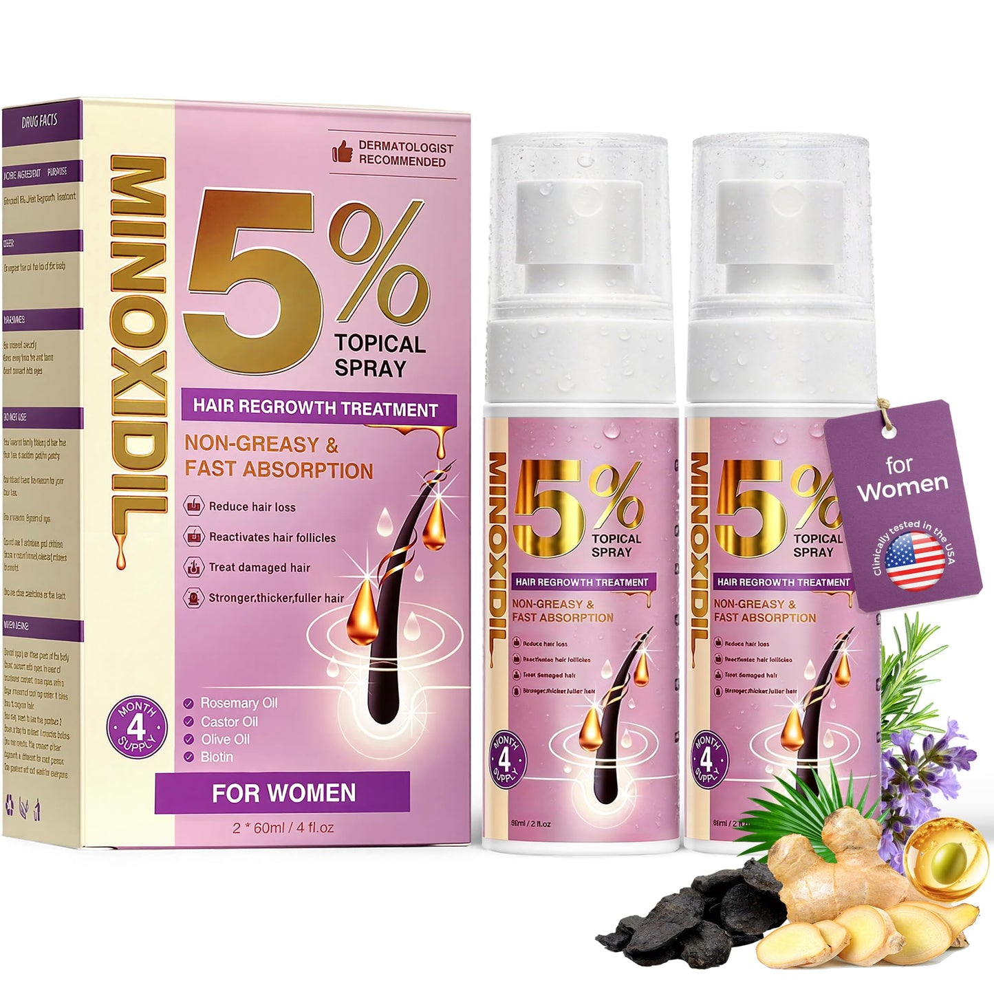 5% Minoxidil Spray, Lightweight Non Greasy Hair Regrowth Spray for Women, Biotin Serum with Rosemary for Hair Loss Treatment, Clinically Proven to Regrow Thicker – 4 Fl Oz, 2 x 60 ml for 4+ Months