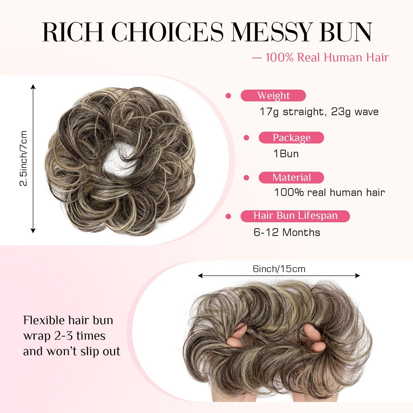 Rich Choices Human Hair Messy Bun Hair Piece for Women, 100% Remy Human Hairs,Chignon Fluffy Donut Updo with Elastic Rubber Band for Girl Wavy #1BP613R Natural Black Mix Blenach Blonde