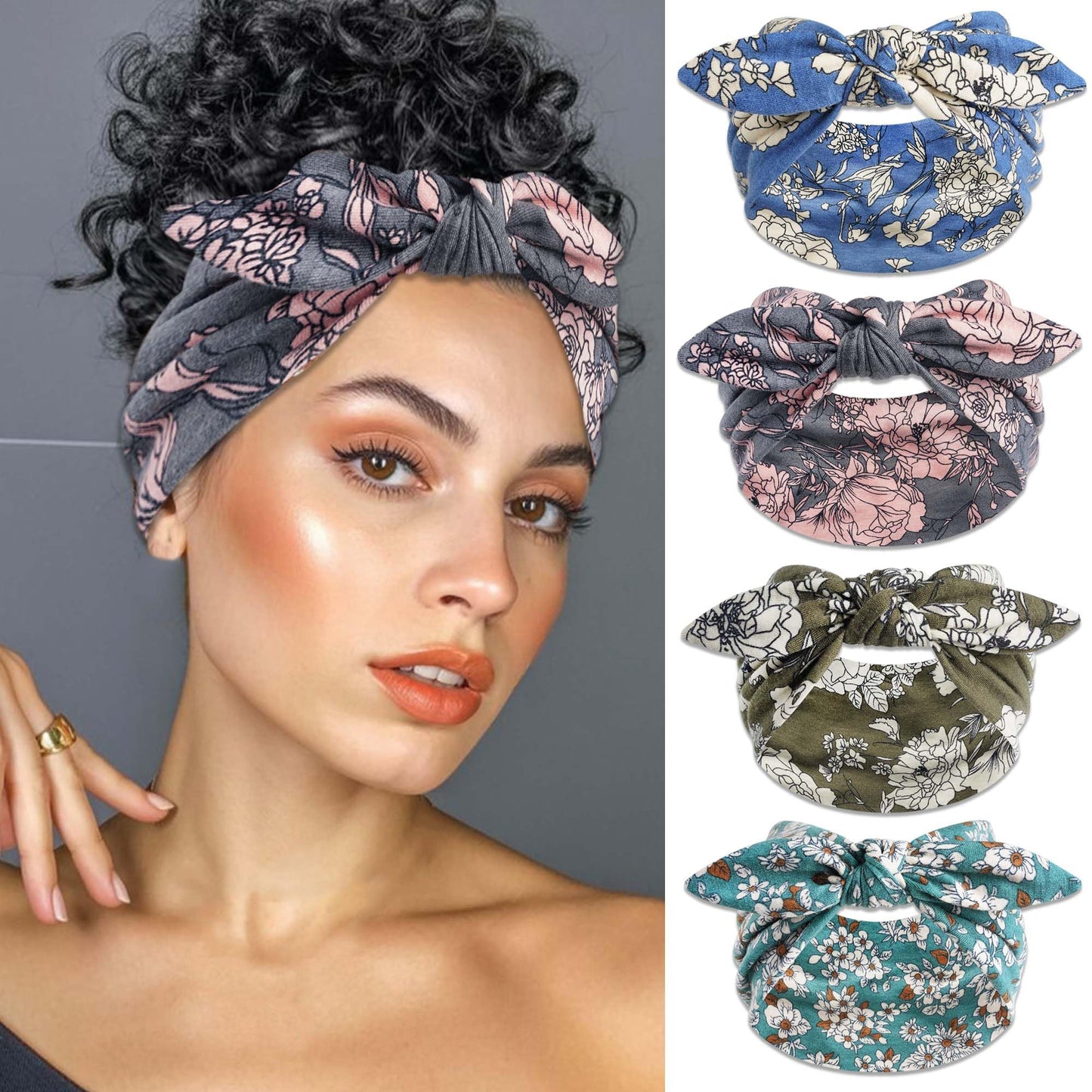 FARSYOD Headbands for Women Floral Boho Bandana Head Bands Wide Head Wraps Knotted Bow Hair Scarf Headband Non Slip Turban Fashion Hair Bands Cute Bandanas For Women Girls 4 Pack