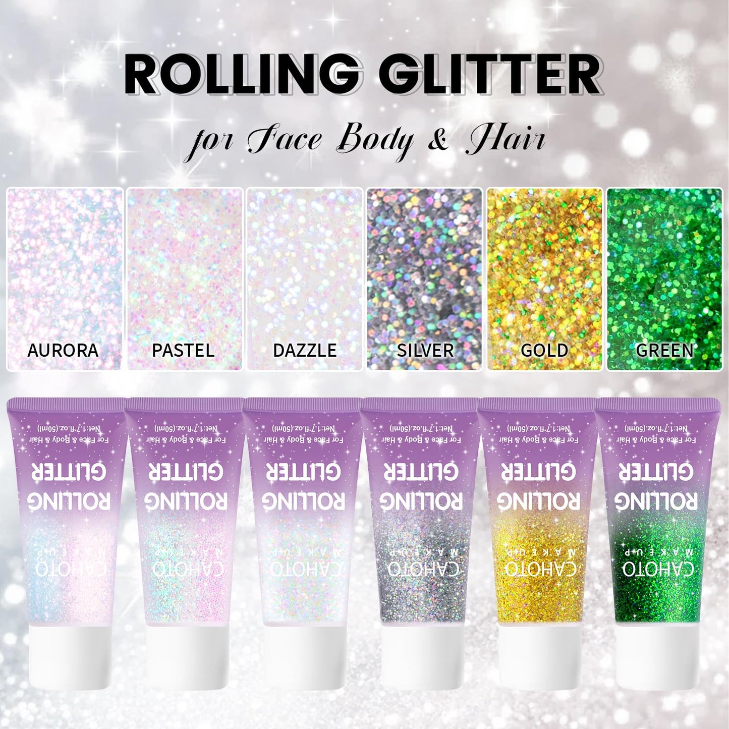 CAHOTO Silver Rolling Glitter, Shimmer Gel for Face Body & Hair