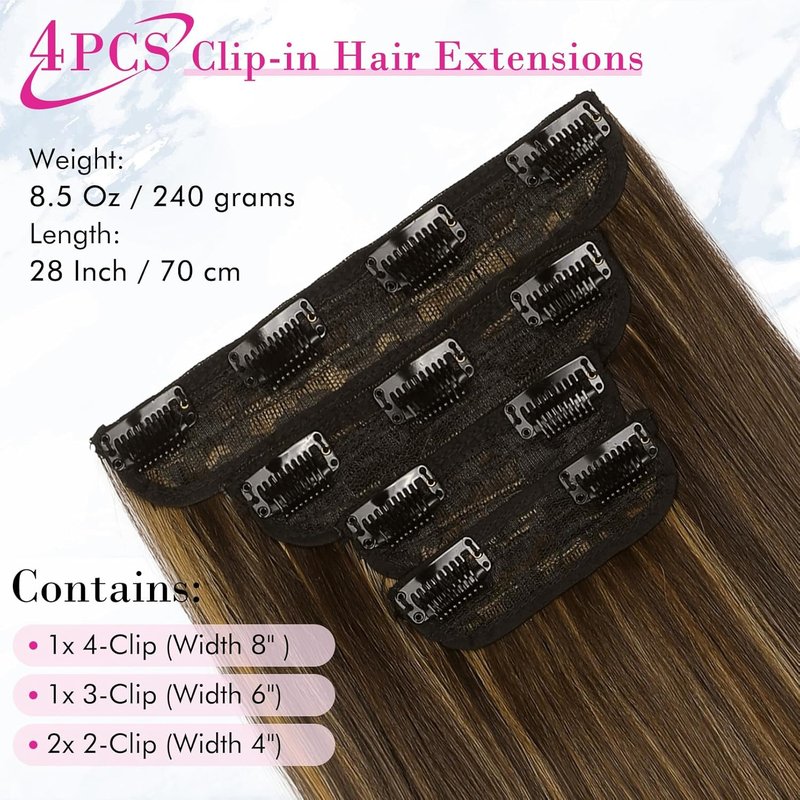 REECHO 28" Straight Long Clip-In Hair Extensions | Thick Dark Brown with Highlights - 4 PCS Set