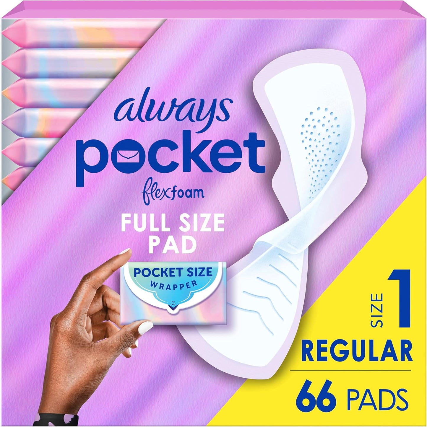 Always Pocket Feminine Pads - FlexFoam Comfort, Regular Size 1, Unscented | 66 Count (3 Packs of 22)