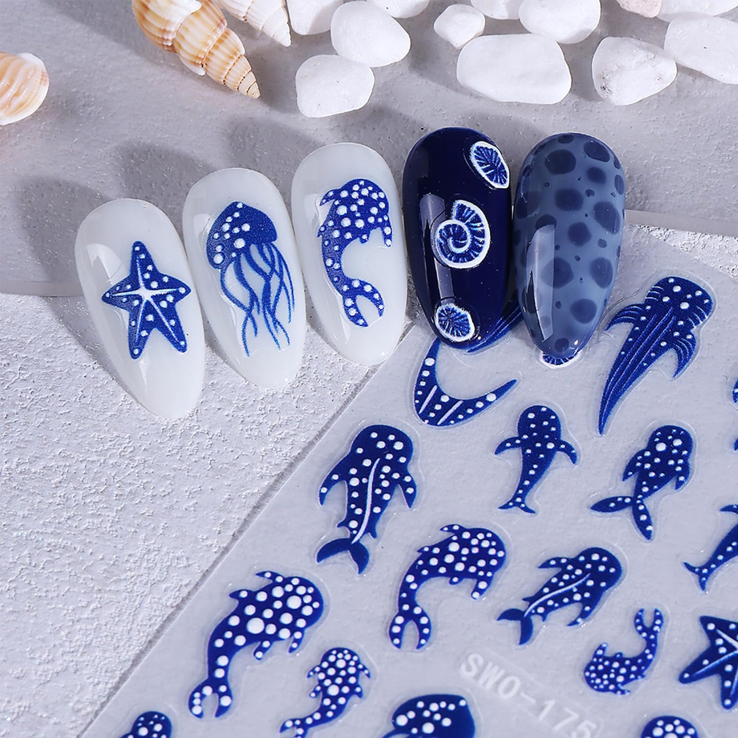 Summer Ocean Nail Stickers 3PCS Blue Polka Dot Whale Shark Nail Art Stickers Starfish Jellyfish Design Self-Adhesive French Manicure Decals Nail Supplies for Women DIY Nail Decorations