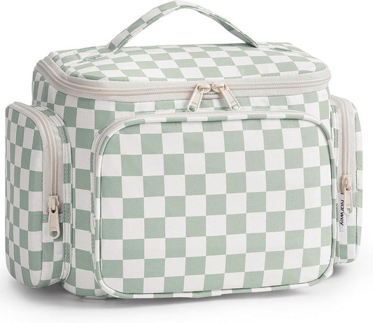 Narwey Travel Toiletry Bag - Wide Open Makeup Organizer with Wet Pocket | Green Checkerboard