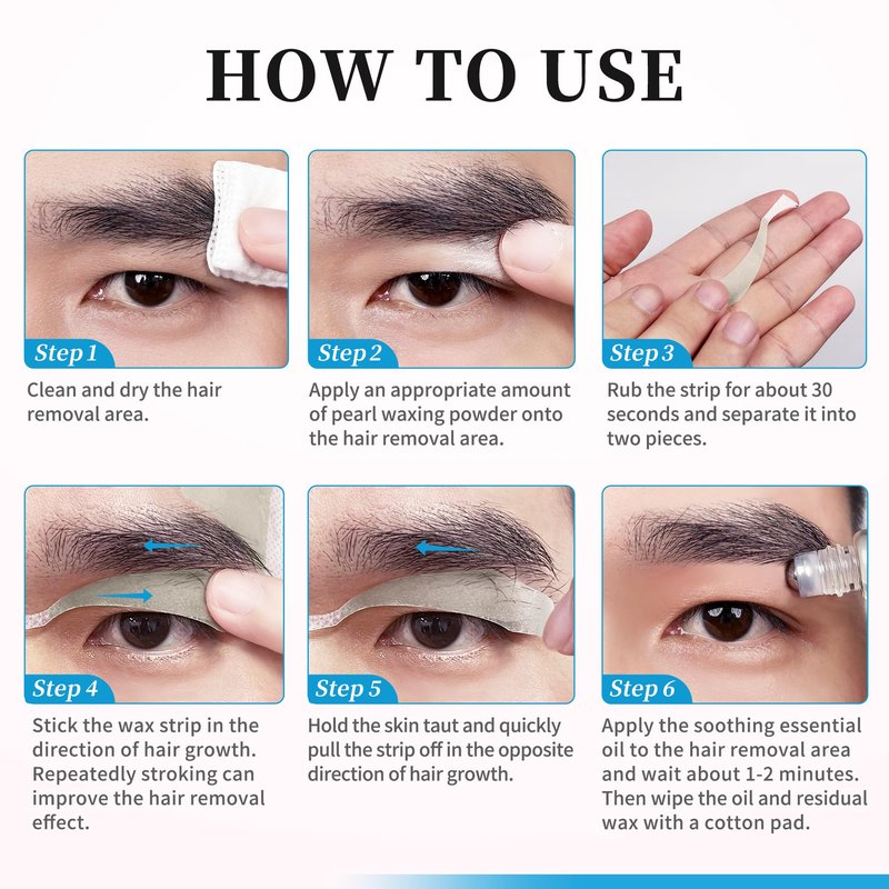 Beauty7 Men's Eyebrow Wax Strips Facial Wax Strips Hair Removal at Home Waxing Strips 24 pcs with Pearl Powder Essential Oil for Sensitive All Skin Types for Men