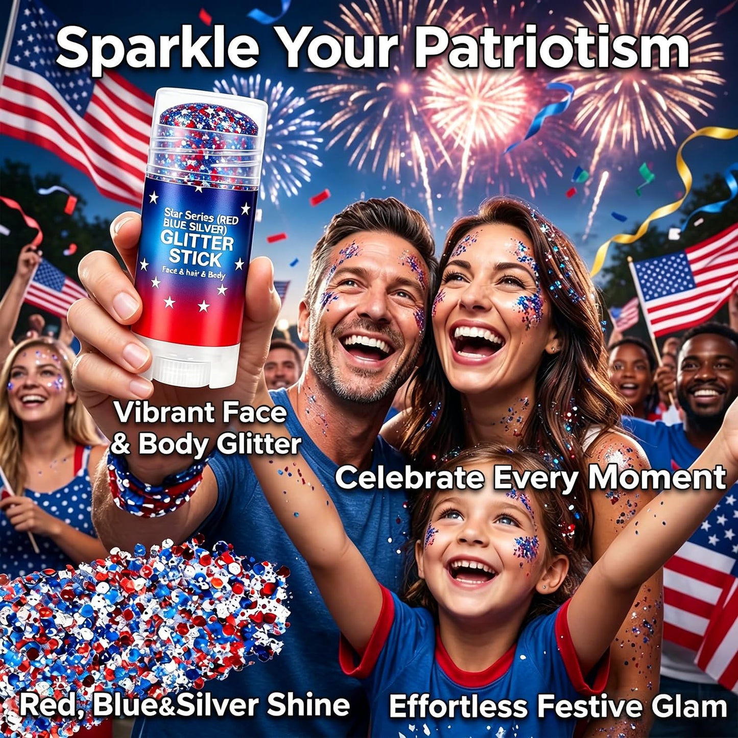 4th of July Glitter Stick, Red White and Blue Glitter Stick, Glitters Stick for Face, Rave Accessorie for Independence Days, 4th of July Decorations, Patriotic USA Flag Makeup for 250 Anniversary
