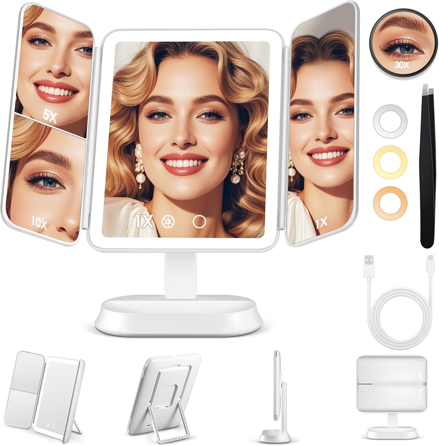 Makeup Mirror with Lights - 30X/10X/5X Magnification, Dimmable Trifold Vanity Mirror | Portable Travel Size