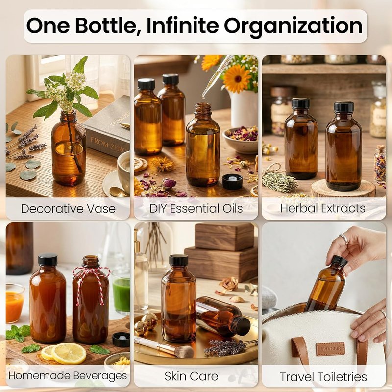 Amber Glass Boston Round Bottles - 54 Pack 4oz Refillable with Airtight Polycone Caps | Ideal for Extracts, Oils & DIY Projects