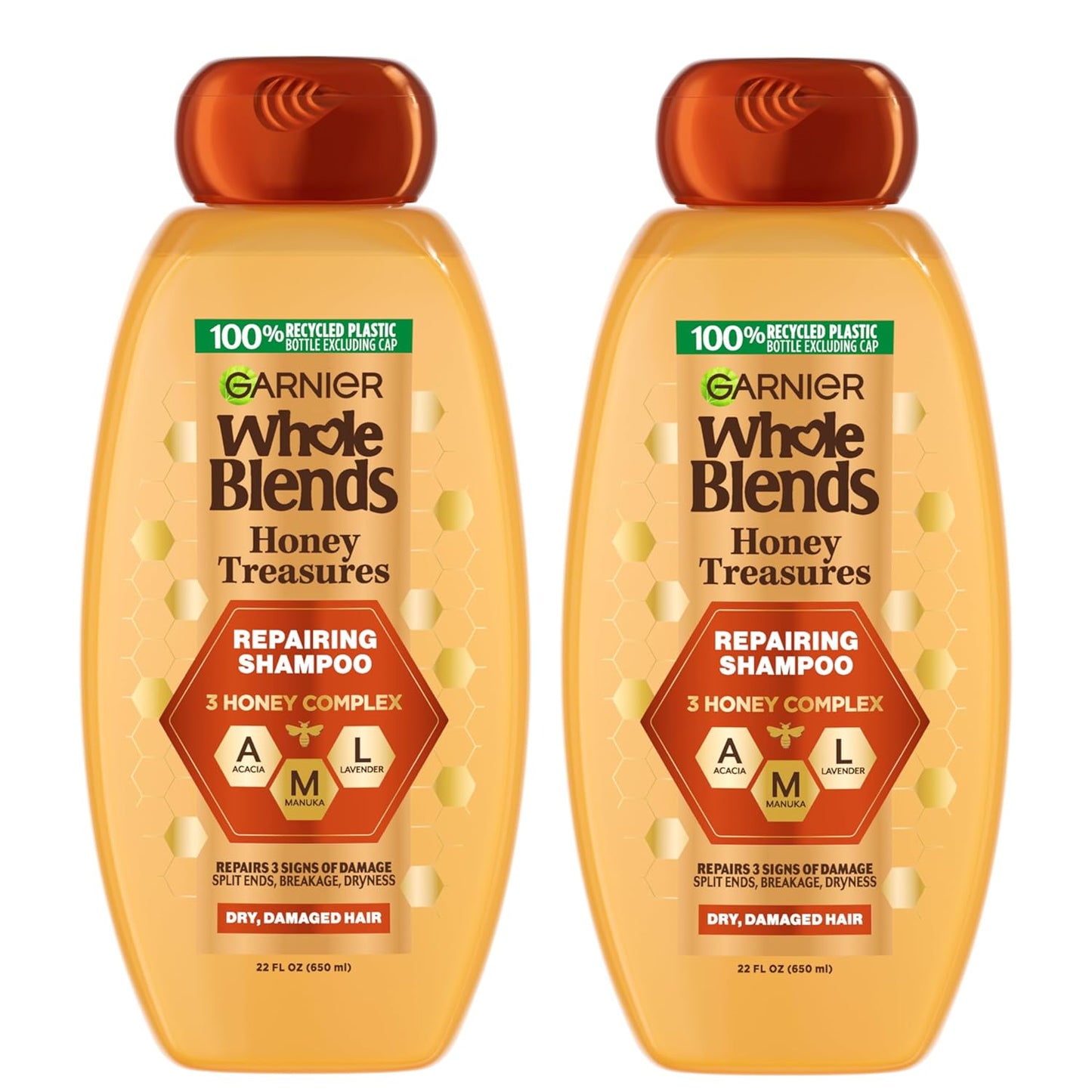Garnier Whole Blends Honey Treasures Shampoo - Repair Dry, Damaged Hair | 22 Fl Oz, 2 Count