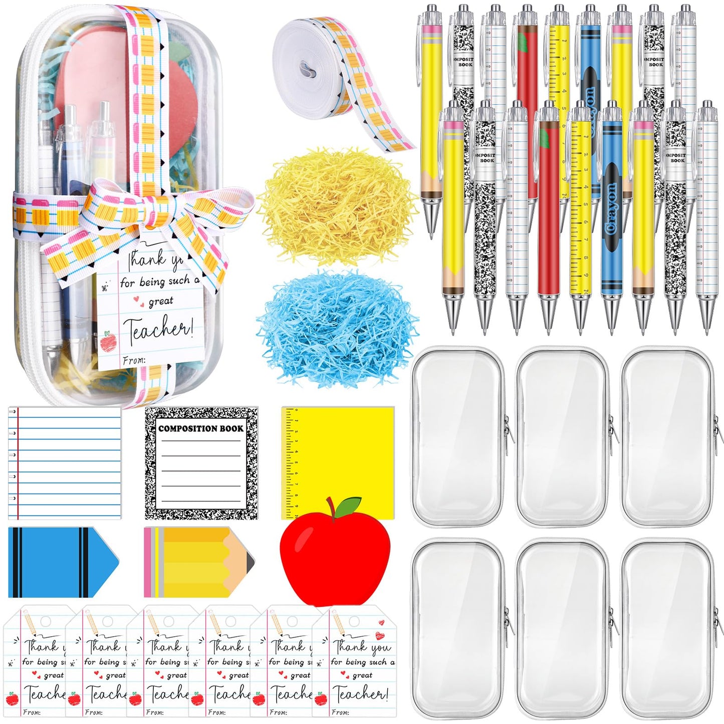Landhoow 6 Sets/75 Pcs Back to School Teacher Gifts Bulk Set Clear Hard Case Zipper Pouch Pastel Ballpoint Pen & Sticky Notes Blue and Yellow Raffia Adorable Printed Pencil Ribbons with Thank You Card