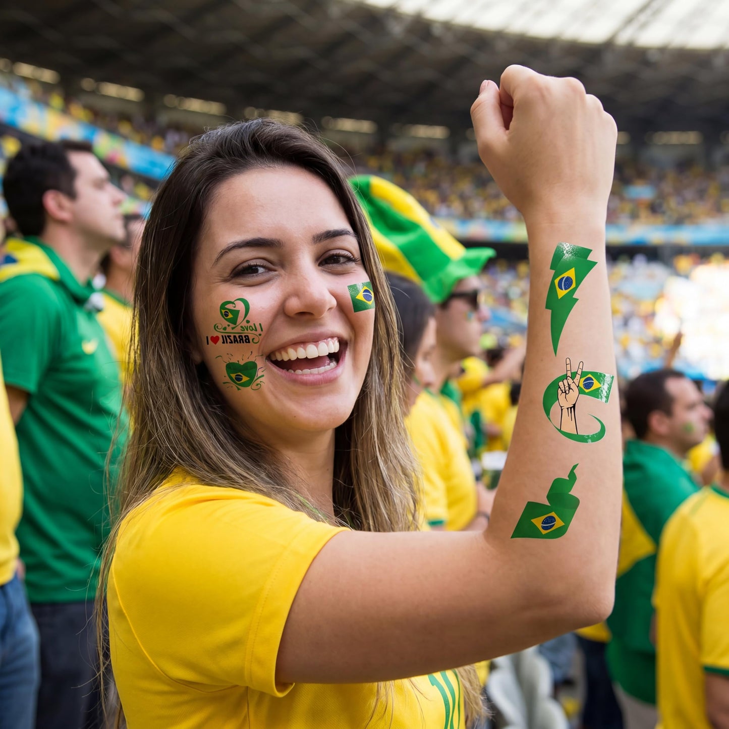 World Cup 2026 Soccer Fan Set 3PCS, Temporary Tattoo Stickers, Cheering hat,2 Cheering Stick, Brazil Football Kit for Match Viewing (Brazil)