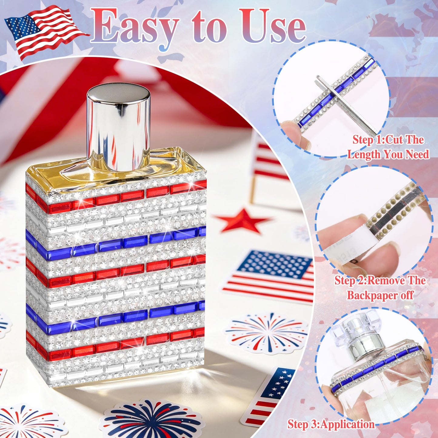 ROYTOER Patriotic Rhinestone Ribbons for 4th of July,Red Blue And White Diamond Strip for DIY Craft,3 Yards Rhinestone Tape Crystal Ribbons Self Adhesive for Independence Veterans Day Party Decoration