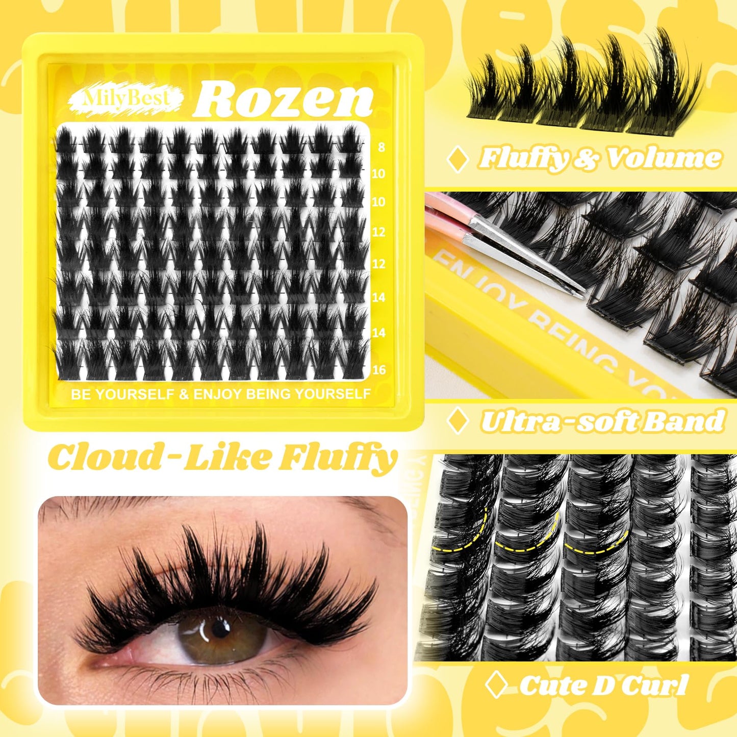 MilyBest Rozen Lash Clusters with Spikes, Fluffy Wispy Cluster Eyelash Extensions, 88pcs DIY Individual Lashes D Curl - Natural Volume to Fairy Glam, 8-16mm Eyelash Clusters
