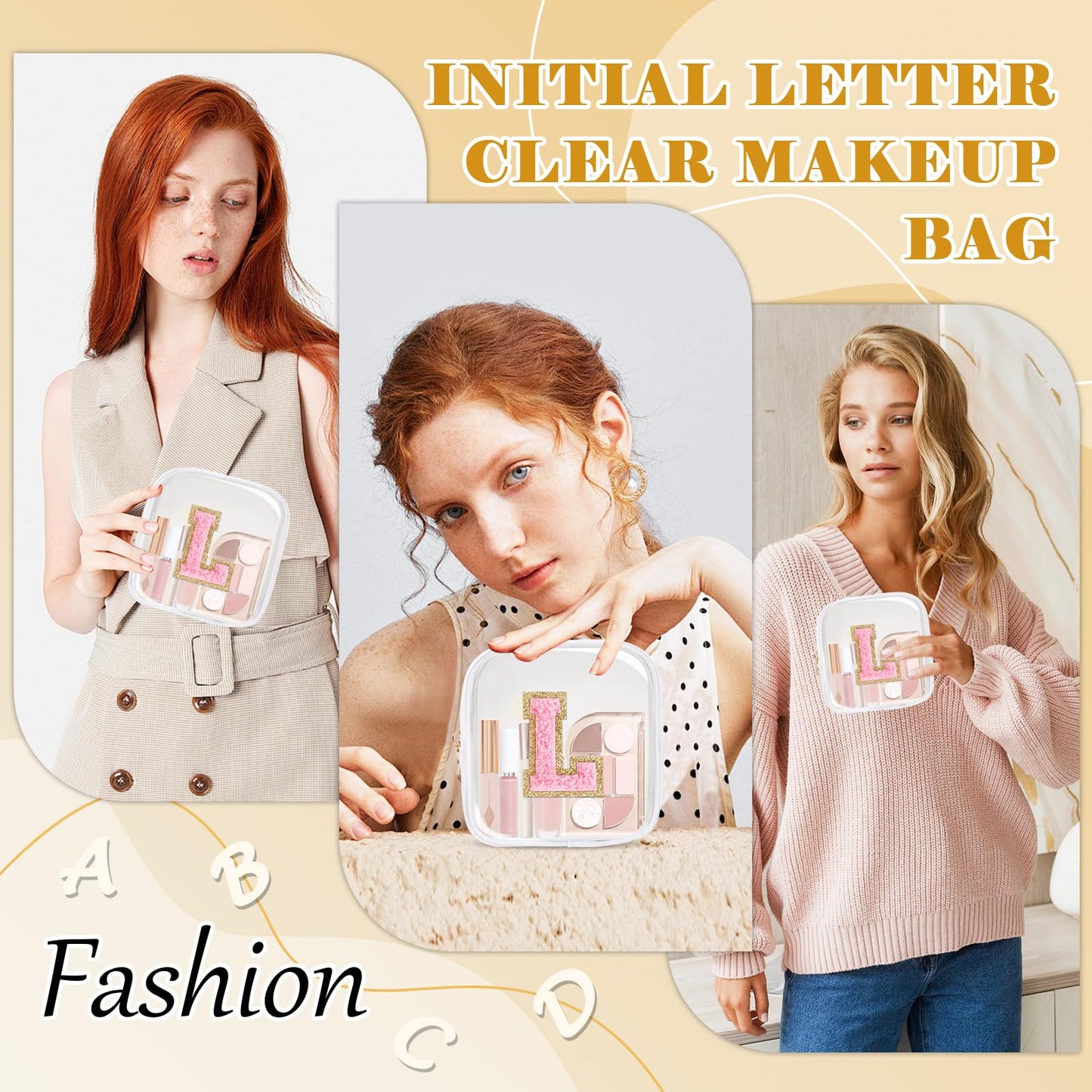 Personalized Initial Letter Clear Preppy Makeup Bag,Mini Nylon Chenille Letter Cosmetic Bag Cute Zipper Pouch Purse for Teen Girls,Portable TSA Approved Beach Travel Essentials Bag Gift for Women,L
