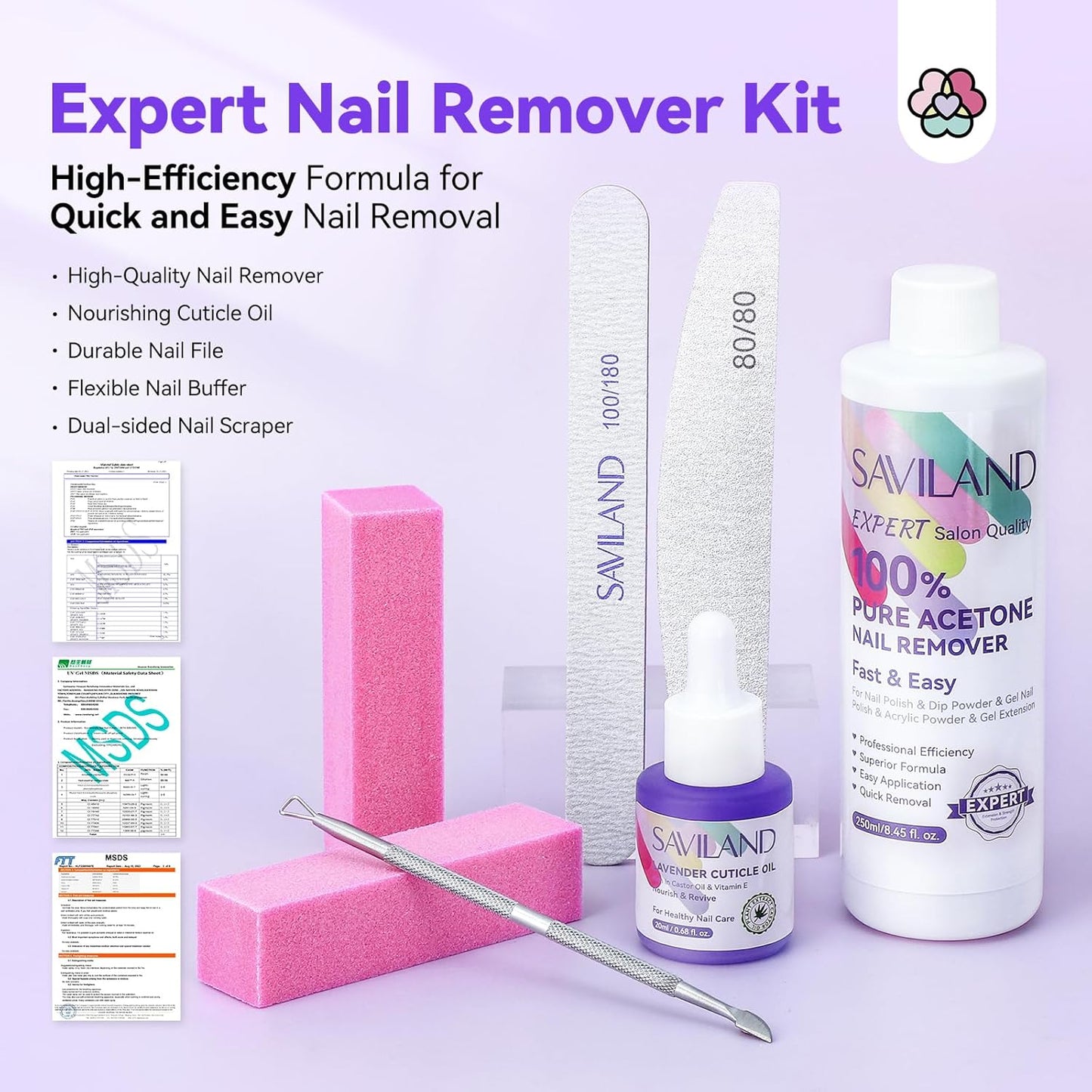 SAVILAND Pure Acetone Nail Polish Remover Kit - 8.45oz Gel & Acrylic Remover with Cuticle Oil, Files & Scraper for Easy Home Use