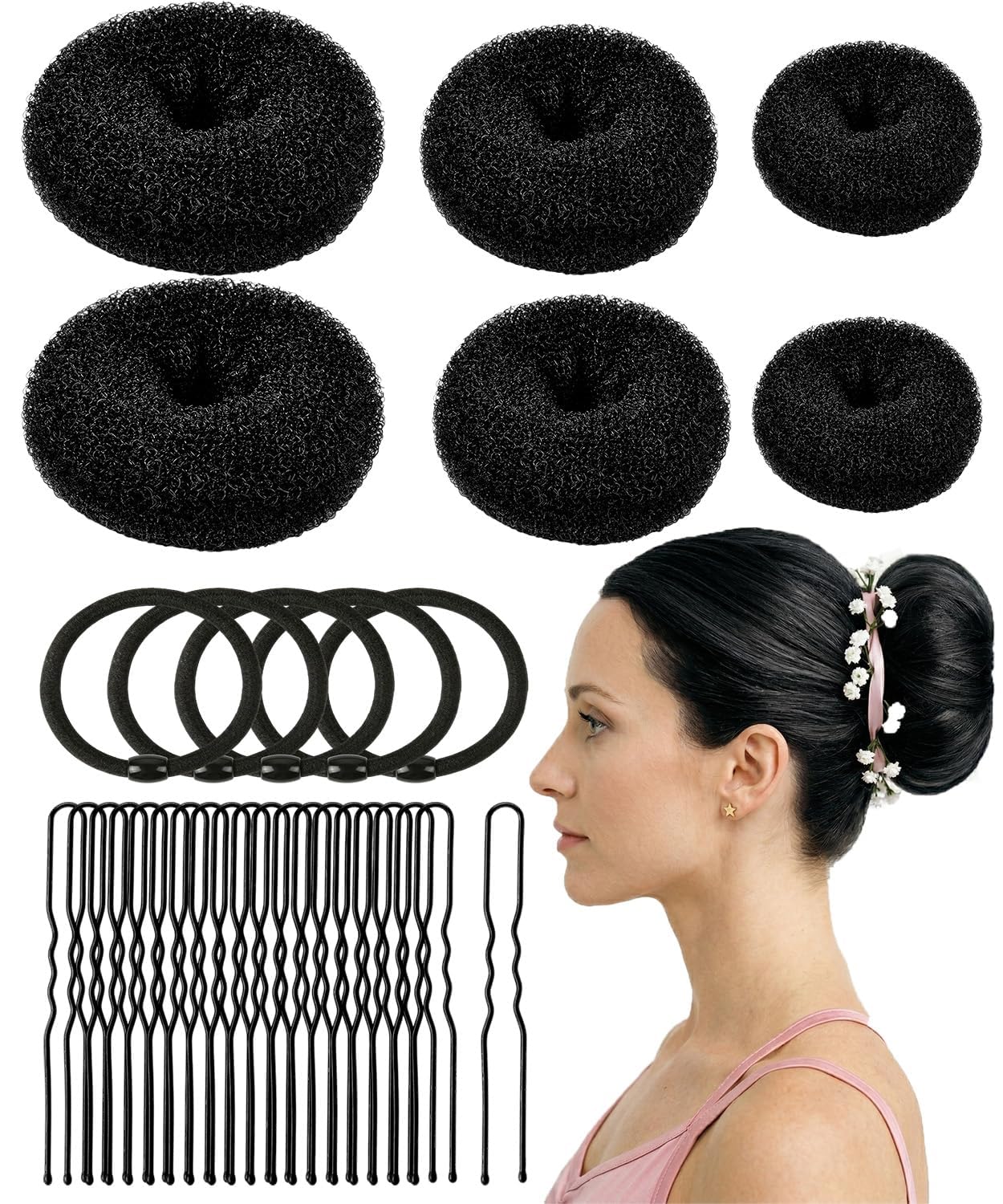 Small Hair Donut Bun Maker - 6pcs Chignon Ring for Thin Hair | Includes 5 Hair Ties & 20 U Pins (Black)