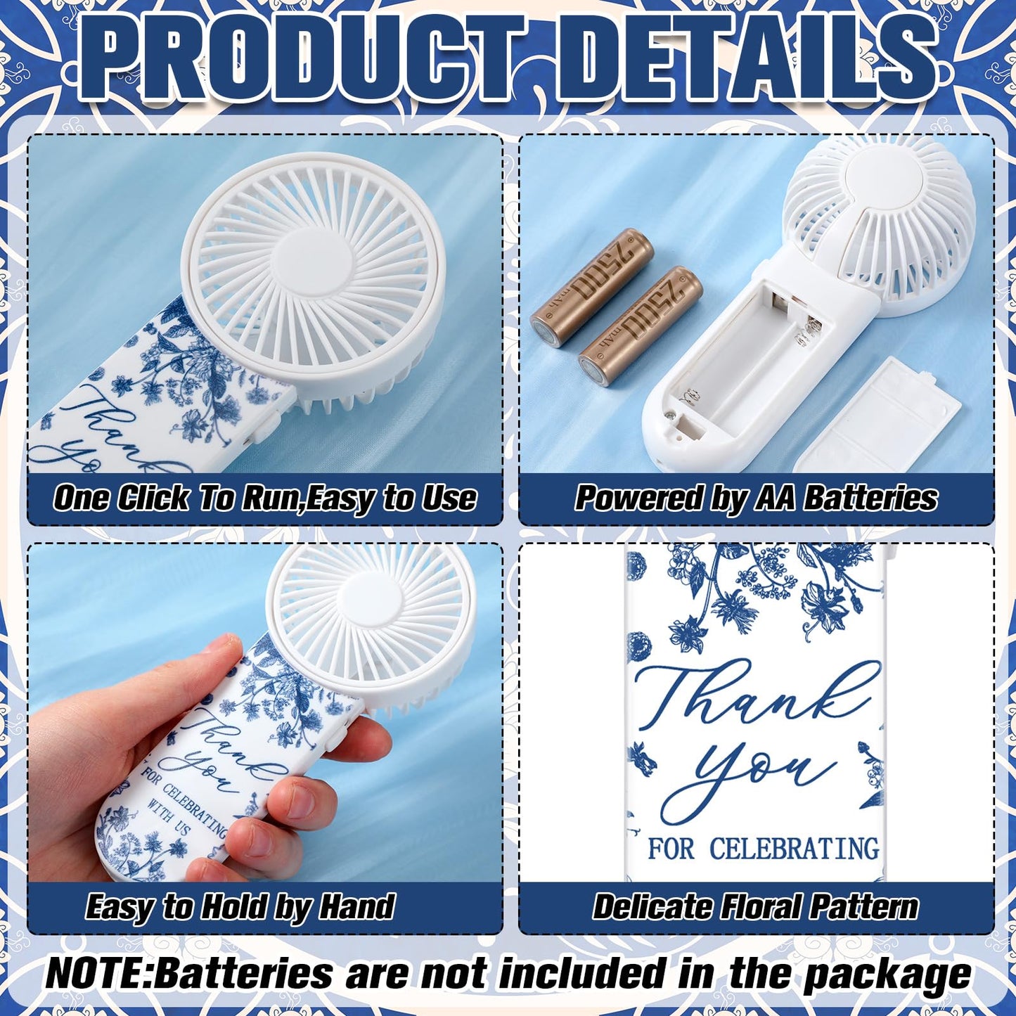 Tujoe 100 Pcs Wedding Handheld Fans for Guests Mini Personal Portable Fans Bulk Thank You for Celebrating with Us Fan for Wedding Bridal Shower Party Favors Summer Travel (Blue and White Porcelain)