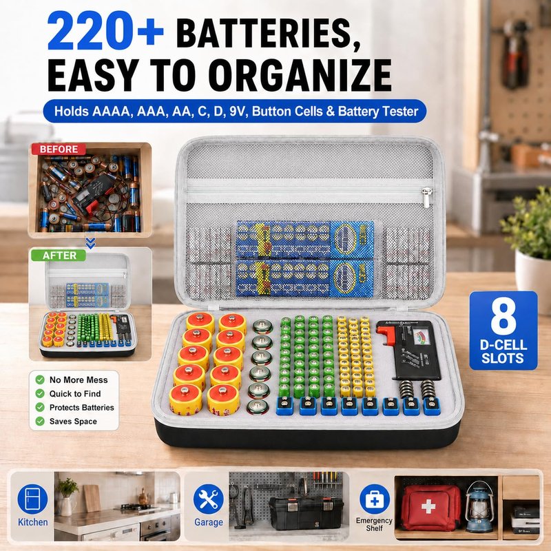 PAIYULE Battery Organizer Storage Box with Tester, Shockproof EVA 220+ AA AAA C D 9V Capacity Emergency Power Solution, Unique 8 D-Cell Home Kitchen Garage Organization