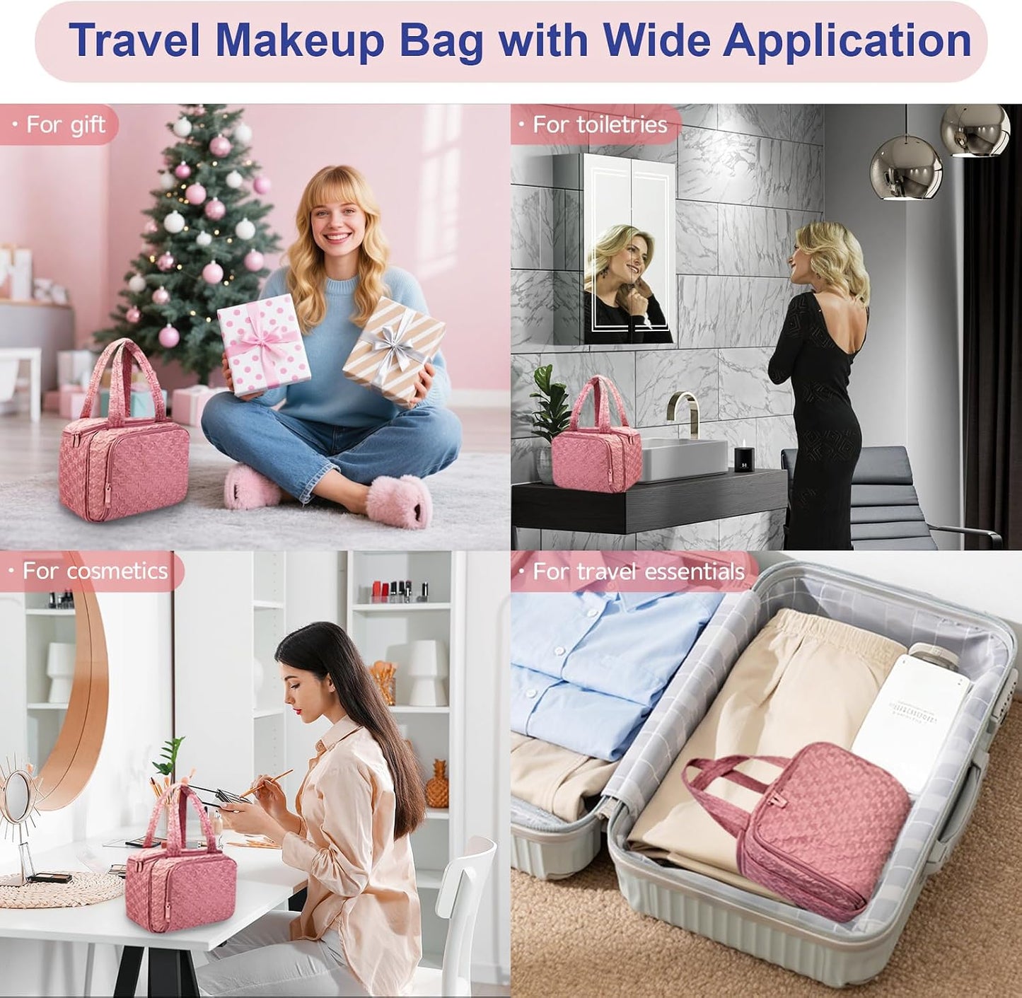 SMONT Toiletry Bag for Traveling Women, 11.5" Large Travel Makeup Toiletries Skincare Bag, Big Cosmetic Cosmetiquera Pink
