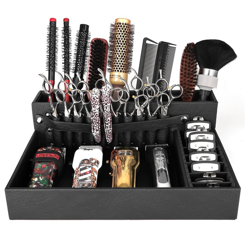 Barber Organizer Tray, 13.9 x 11.2 x 4.4 inch Adjustable Station for Clippers & Guards Scissors, Multifunctional Non-slip Barber&Salon Hair Tools Holder, with PU Leather Exterior Hairdressing Case